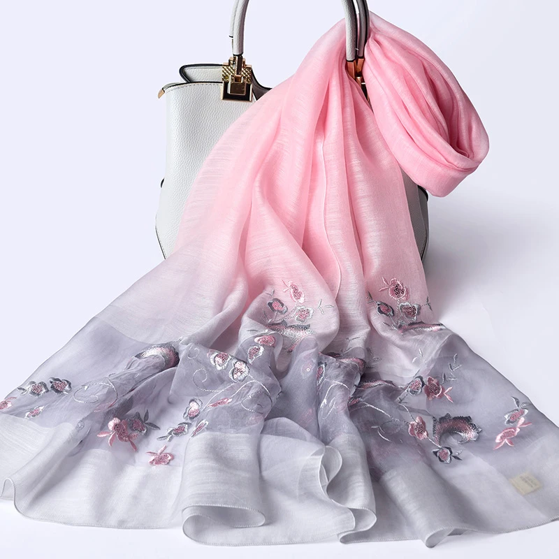 Silk Wool Blending Scarf Women Floral Embroidery 2019 Oversize Shawls and Wraps for Ladies Long Shawl Foulard Scarves |