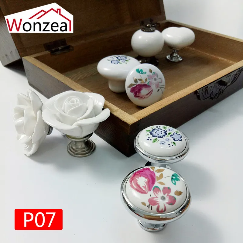 Children Room Ceramic Cabinet Pull White Rose Lotus Love Simple Knobs Single Hole Kitchen Furniture Drawer Handle With Flower
