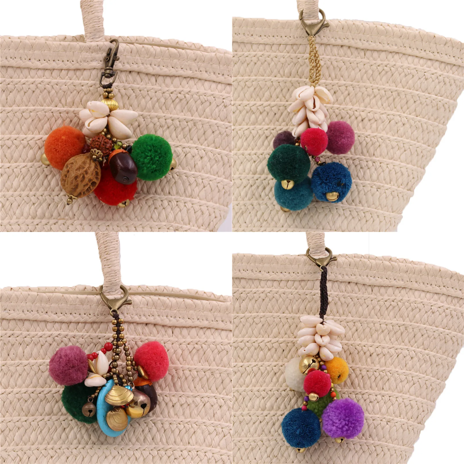 

1pc Natural Shell Colorful Pompom Nut Ball Handmade Bohemian Keychain For Women Summer Keyring Bag Trinket Friendship Gift