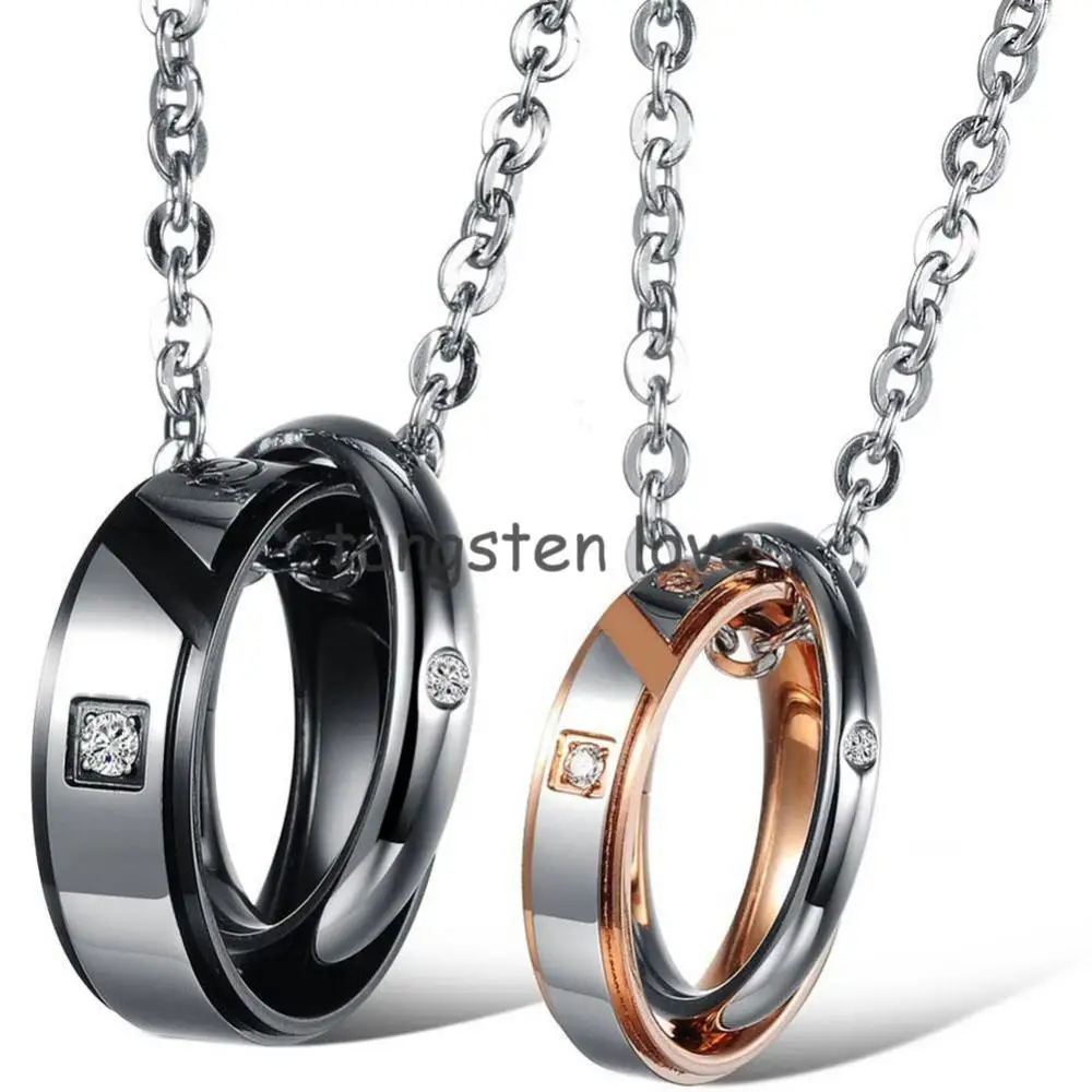 1 piece 2015 Mens Womens "True Love" Stainless Steel Pendant Necklace Two Rounds Couples Valentine