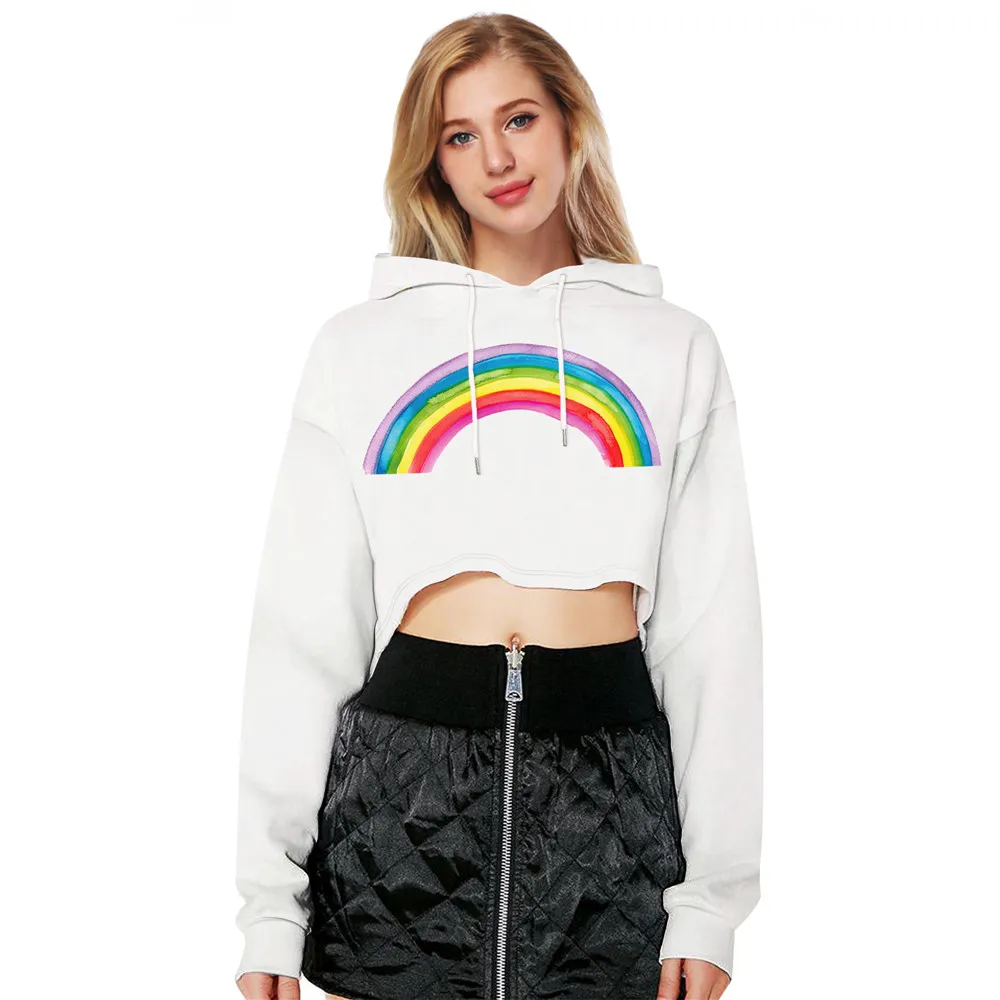 New Fashion Rainbow 3D Sweatshirts Long Sleeve Crop Hoodies Casual