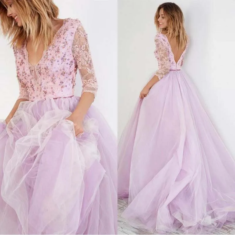 Lilac Lace 2017 Arabic Wedding Dresses Backless Half