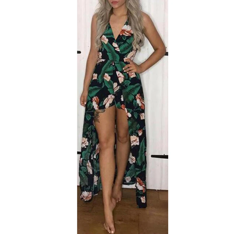 

Women High Low Romper Deep V-neck Floral Print Spaghetti Strap Romper AM0441
