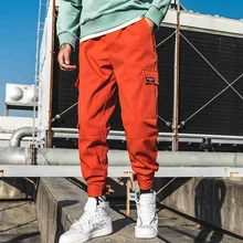 Мужские шаровары с боковыми карманами, брюки карго,, хип-хоп стиль, повседневные мужские штаны для бега, модные уличные штаны, оранжевые WA17