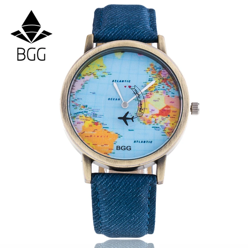 

Bgg Special Design Wristwatch Plane Flying On The World Map Genuine Leather Lovers Quartz Watch Relojes Mujer Clock Hours Gift