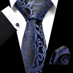 Бесплатная доставка мужские галстуки 2018 Роскошный Синий Шелковый Галстук Пейсли с Ханки галстук набор запонки Buisness Жаккардовый