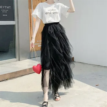 

Boho Summer Lace Tulle Skirts Women’s Stretch High Waist Maxi Ruffle Pleated Long Skirts New Boho Irregular Stylish Fairy Skirt