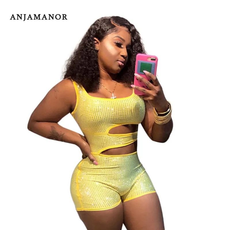 ANJAMANOR блестящие стразы вырез Bodycon Комбинезоны Короткие женские сексуальные