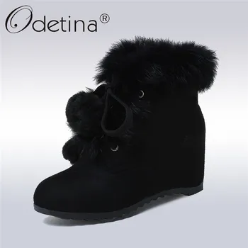 

Odetina 2018 New Hidden Heel Wedge Ankle Boots Lace Up Faux Suede Real Rabbit Fur Snow Boots Women Winter Warm Shoes Big Size 43