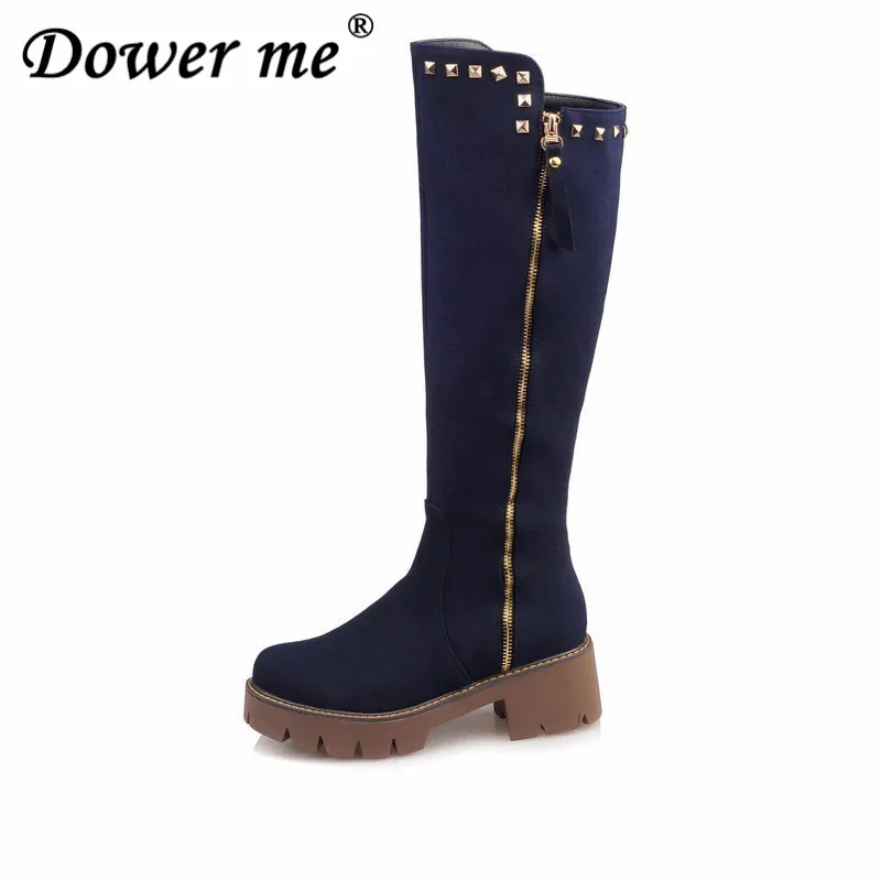

Women Knee High Boots Round Toe with Rivets Decoration Rubber Knight women Long boot 2018 Autumn/Winter Leisure Style SIZE 34-43