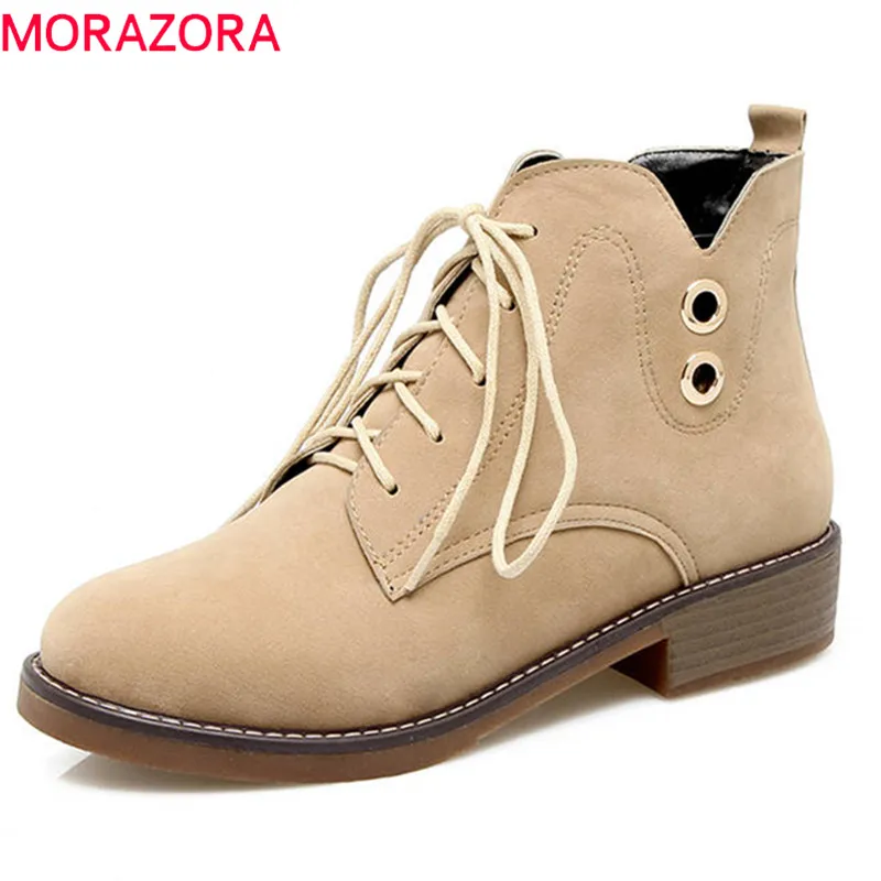 

MORAZORA 2020 new arrival flock round toe autumn winter boots lace up fashion punk shoes med heels shoes ankle boots for women
