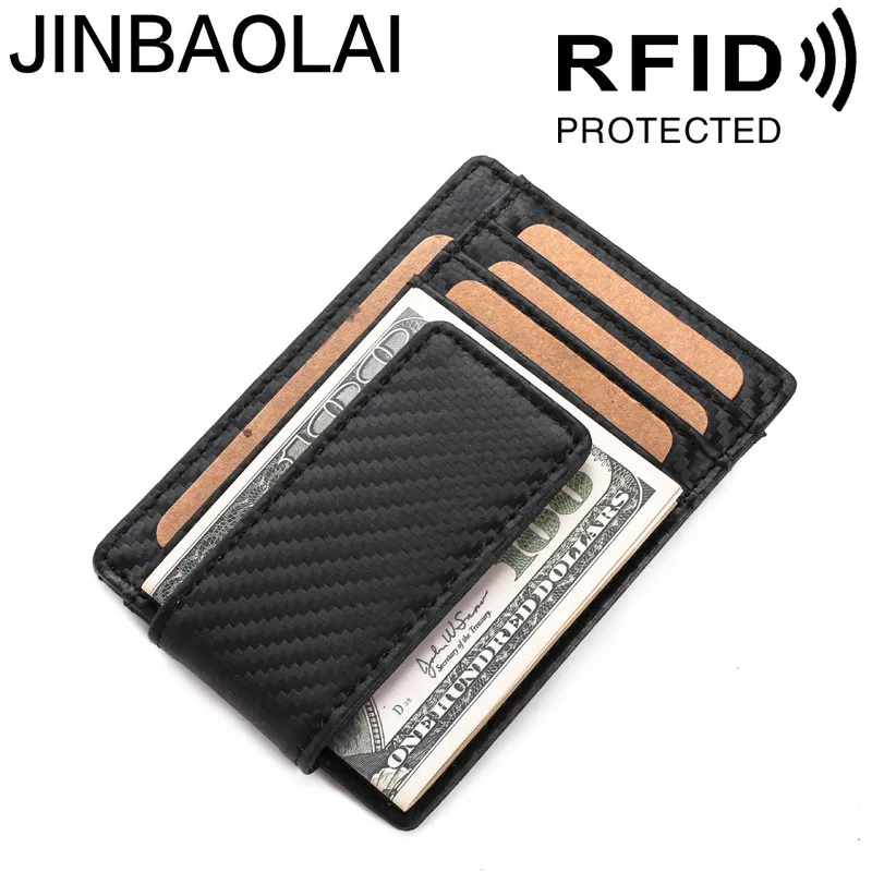 

2019 New Slim Genuine leather Men's Money Clip Wallet RFID Card Protection Portable Small Pocket Carbon Fiber Purse For Man