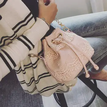 

Hot Fashion Women's Solid Color Lace Faux Leather Crossbody Shoulder Bucket Bag