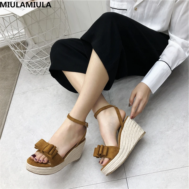 

MIULAMIULA Brand Designers 2019 Summer New Butterfly-knot Platform Wedges High Heels 8.5cm Woman Sandals Buckle Lady Shoes 35-40