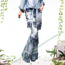 Весенние и летние винтажные Ретро с бахромой джинсовые расклешенные брюки для женщин/Modis уличная одежда джинсовые расклешенные брюки