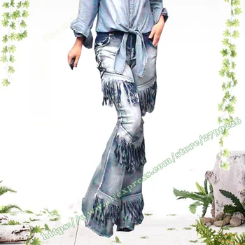 

2019 Spring And Summer Vintage Retro Fringed Denim Flare Trousers for Women / Modis Streetwear Jeans Flare Pants
