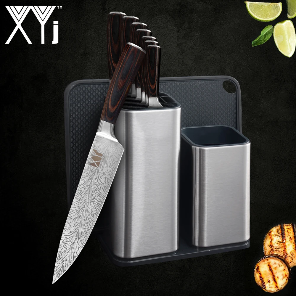 XYj японский набор кухонных ножей Santoku, нож для нарезки хлеба, нож для очистки овощей, нож с 6/8 дюймовым держателем для ножей