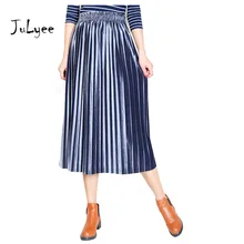Julyee бархат плиссированные юбки длинные осень-зима Высокая Талия до середины икры Однотонная повседневная обувь элегантные женские юбки корейский стиль Одежда