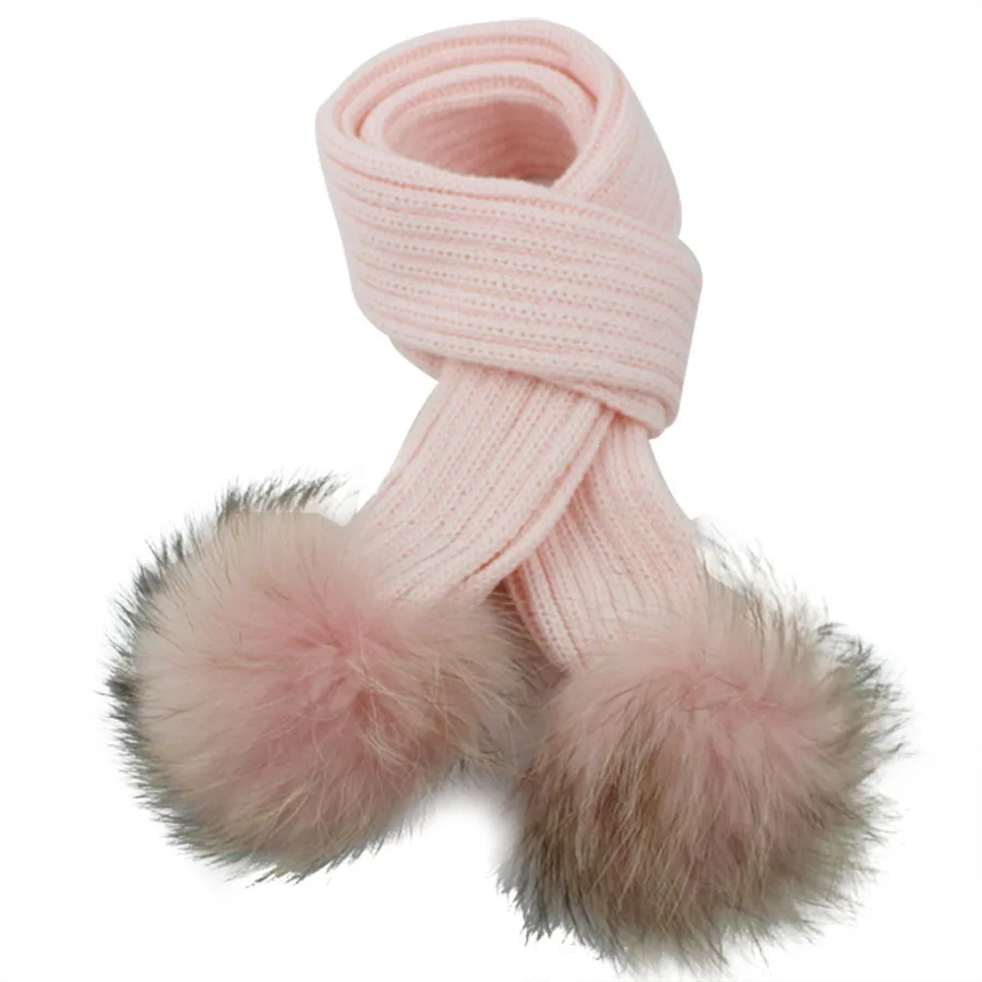 Luxury Quality 130*16cm crochet Children Scarf Knitted Winter Fur Scarves Kids Real Raccoon Fur PomPoms neck warmer scarf