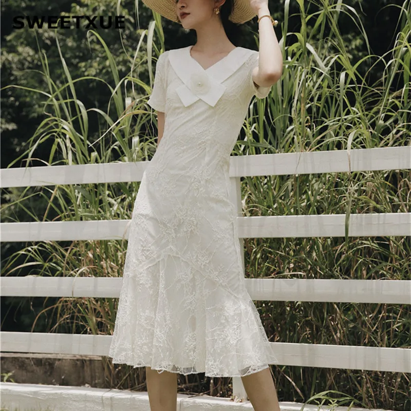 

SWEETXUE Vintage Fishtail Dress New Summer Slim Short-Sleeved Three-Dimensional Flower Decoration Fairy Lace Midi Party Dresses