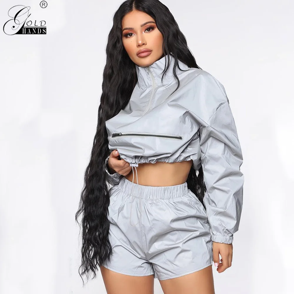 

Gold Hands Reflective Jacket Women Elastic Waist Strap Short Waterproof Windbreaker Coat Women Casual Jackets Hip Hop Feminina