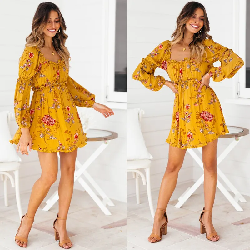 yinlinhe Yellow Floral Summer Dress Long Sleeve Off Shoulder Women Beach Dress Cotton Backless Lace Up Boho Sexy Vestido 5
