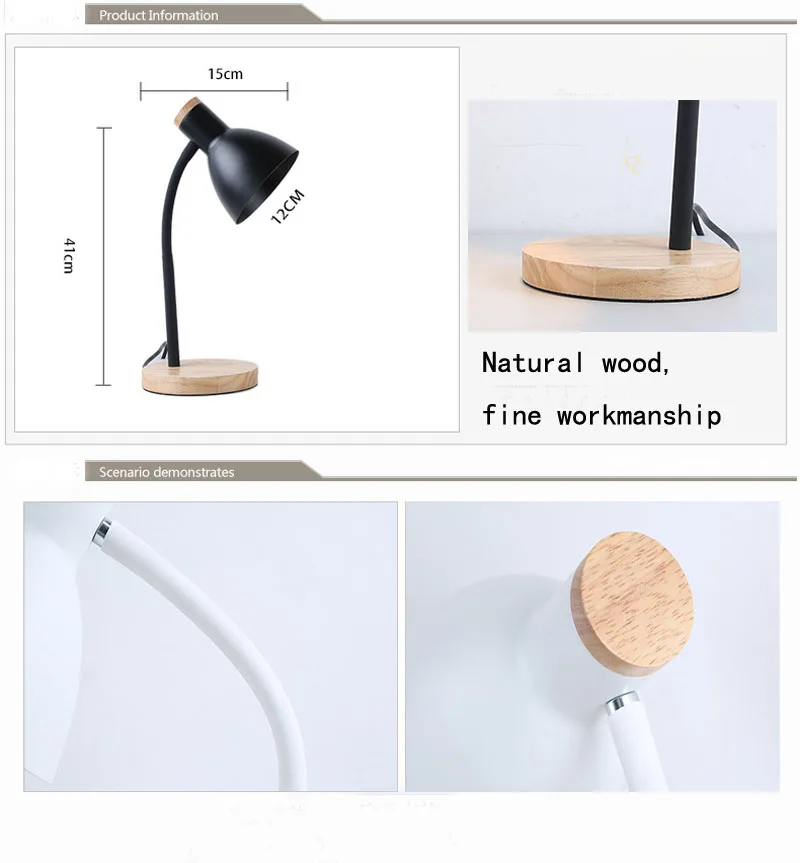 Modern nordic style creative white&black color table lamp E27 LED wood base desk lamp for learning reading bedroom study office