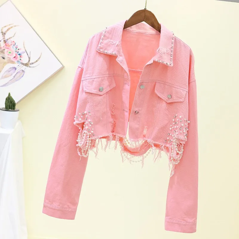 

Spring Streetwear Pink Short Denim Jackets Female Beading Hole Jeans Jackets Long Sleeve Loose Cowboy Coat