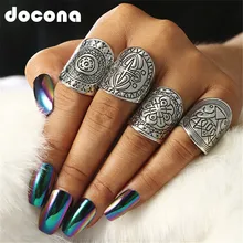 Docona, 4 шт., покрытый серебром комплект старинных колец, пляжные кольца, этническая тотемная резьба, кольца в стиле бохо для женщин, очаровательные ювелирные изделия 2591