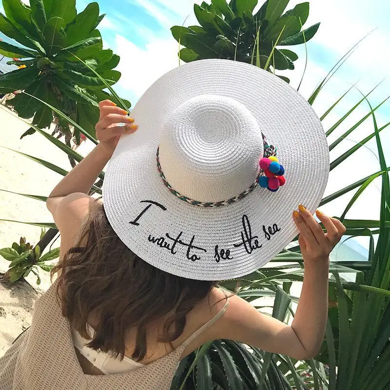 Хит, летняя соломенная шляпа с большими полями, простые головные уборы для женщин, Молодежные шляпы с вышитыми буквами, пляжные кепки