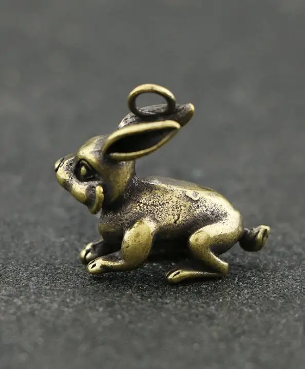 Collectable Chinese Pure Brass Carved Animal Zodiac Rabbit Exquisite Small Pendant Statues