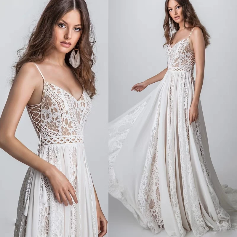 Сексуальное богемное пляжное свадебное платье кружевное с открытой спиной Vestido De Noiva шифоновое свадебное платье на бретельках в стиле бохо es