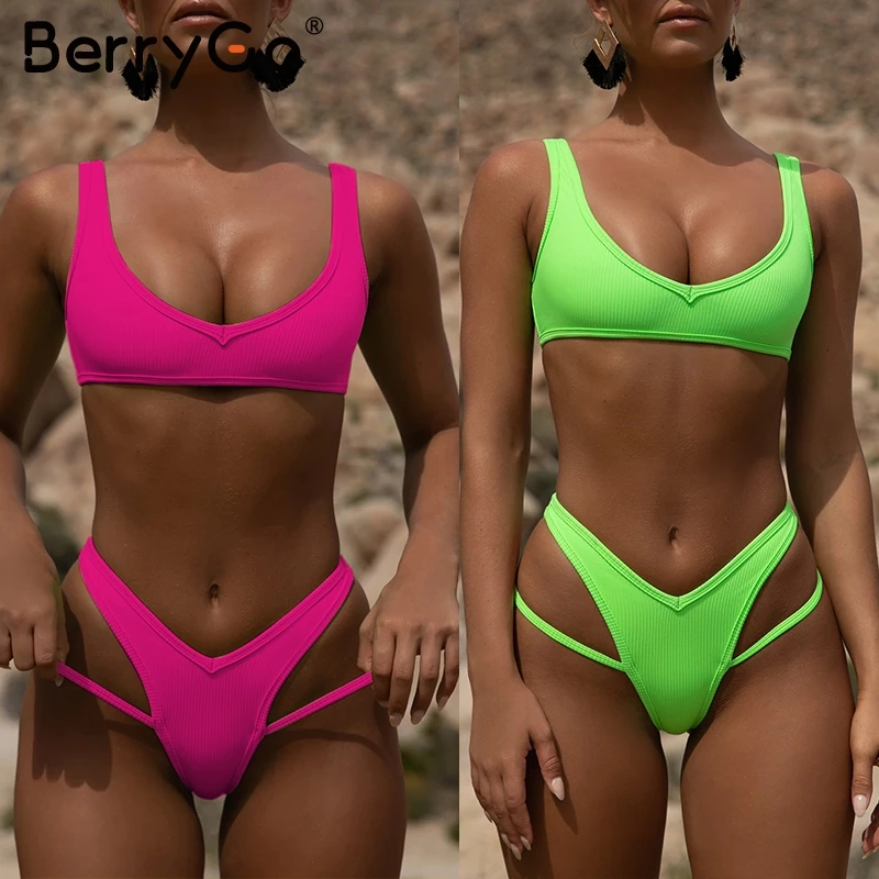 

BerryGo Neon green swimsuit women Sexy thong swimwear bathing suit biquini Summer beach wear High cut bikini 2019 new micro