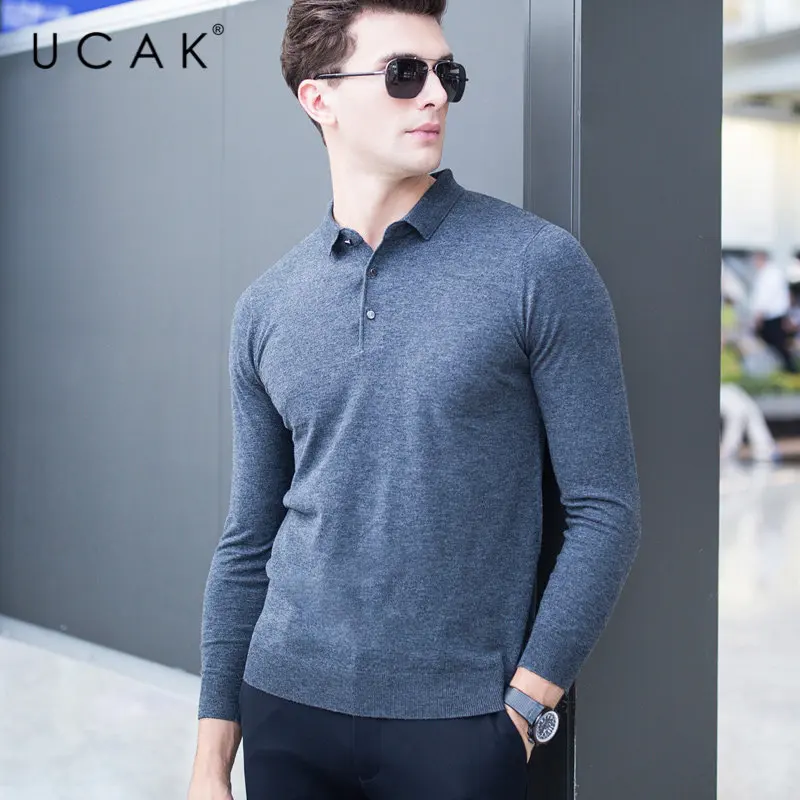UCAK Brand Sweater Men Pure Merino Wool Pullover Men Autumn Winter Cashmere Sweaters Plus Size Turn-down Collar Pull Homme U3010