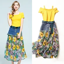 Top quality women summer 2 piece suits 2017 new off shoulder slash neck t-shirt jean patchwork print chiffon mid-calf skirts