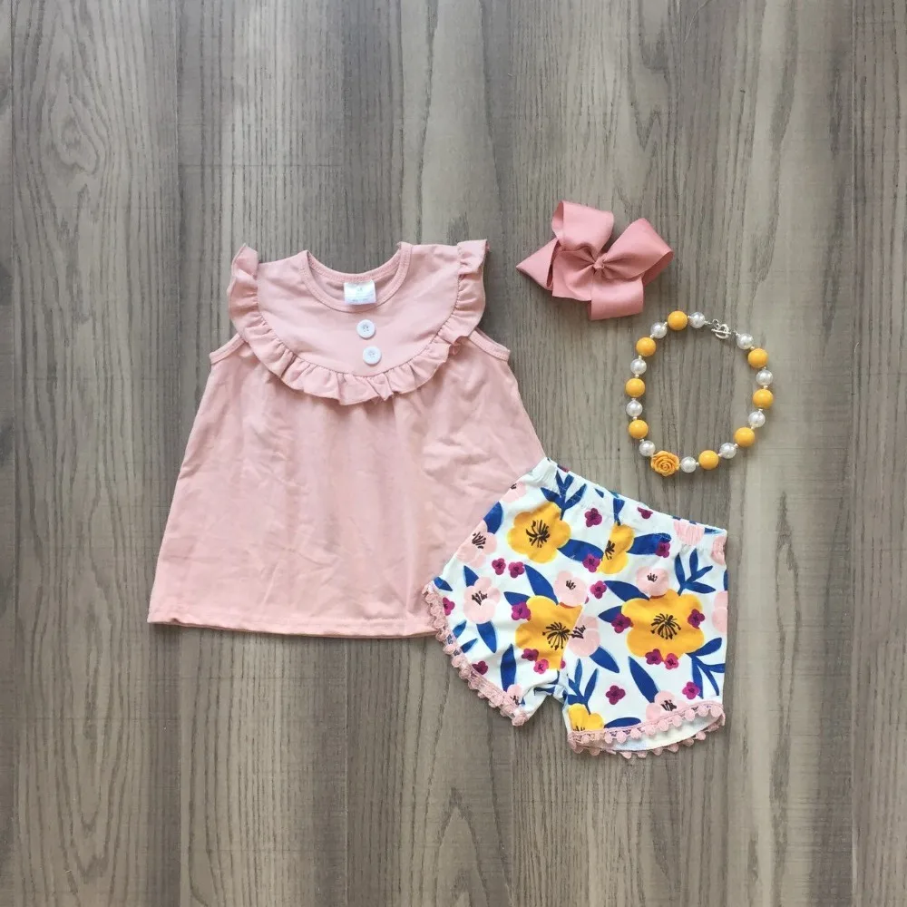 

Summer baby girls children clothes pom-pom shorts dusty floral leaves flower pattern outfits ruffles boutique match accessories