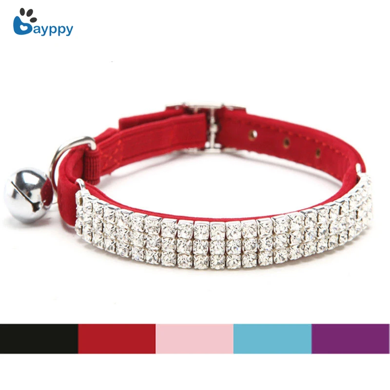 Rhinestone Cat Collar With Bells Soft Suede Pet Cat Puppy Collar