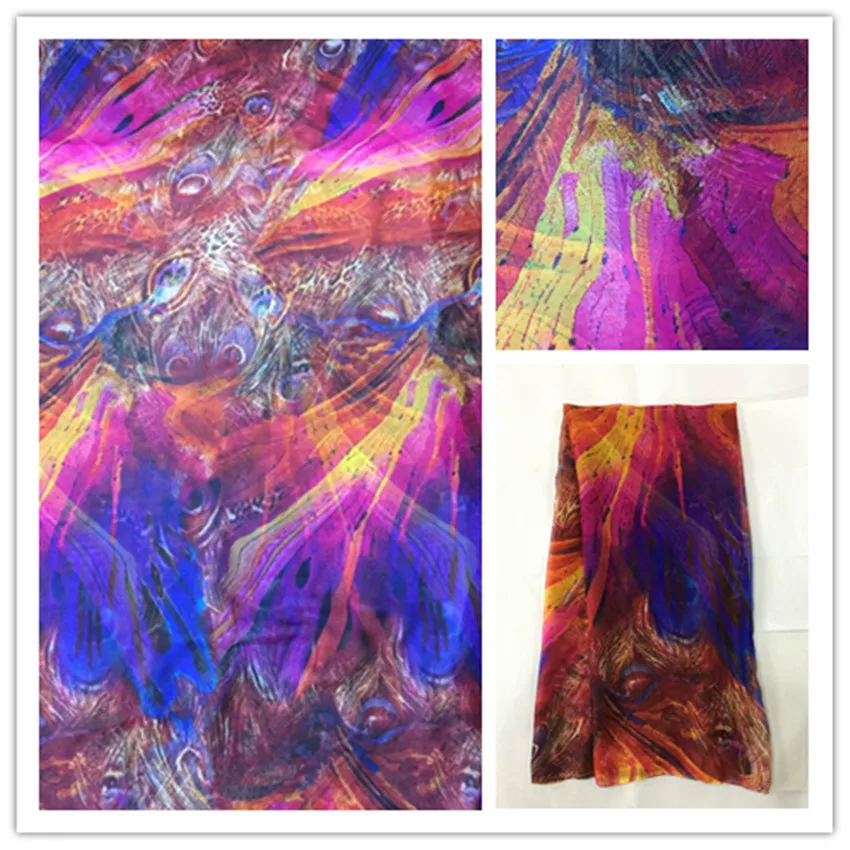 

140cm Thin 100%Pure Natural Mulberry Silk Chiffon Digital Printed Blue Fabric Material Textile Sew Women Dress Scarf Cloth DS02