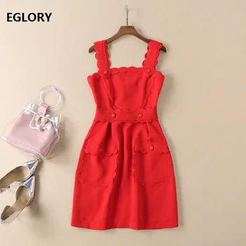 

Strap Dress 2019 Spring Summer Casual Party Club Dress Ladies Wave Edge Tunic Buttons Patchwork Backless Red Slim Dress Cute