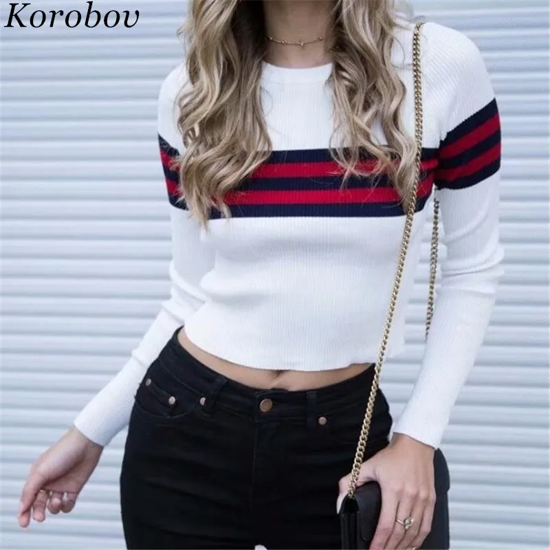 Коробова 2018 осень тонкий короткие женские Топы трикотажные панелями Полосатый