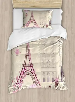 

Duvet Cover Set, Floral Paris Symbols Landmarks Eiffel Tower Hot Air Balloon Bicycle Romantic Couple, 4 Piece Bedding Set