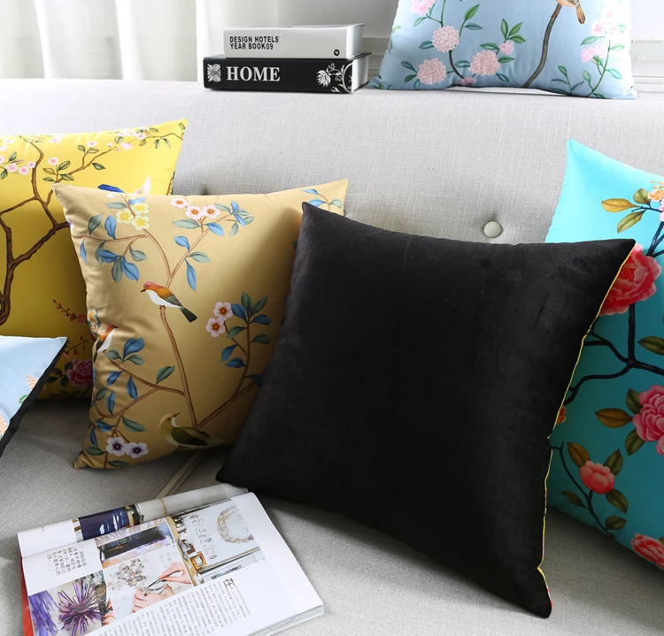 Декоративные Чехлы для подушек с желтыми птицами и цветами, китайская наволочка с цветочными узорами, Синяя бархатная наволочка, Бархатная подушка для дивана