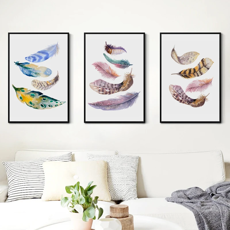 Watercolor Feathers Canvas Poster Nordic Art Painting Home Wall Decor