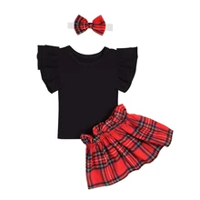 Oklady/Рождественская Одежда для маленьких девочек; хлопковый комплект с юбкой в клетку с оборками и короткими рукавами