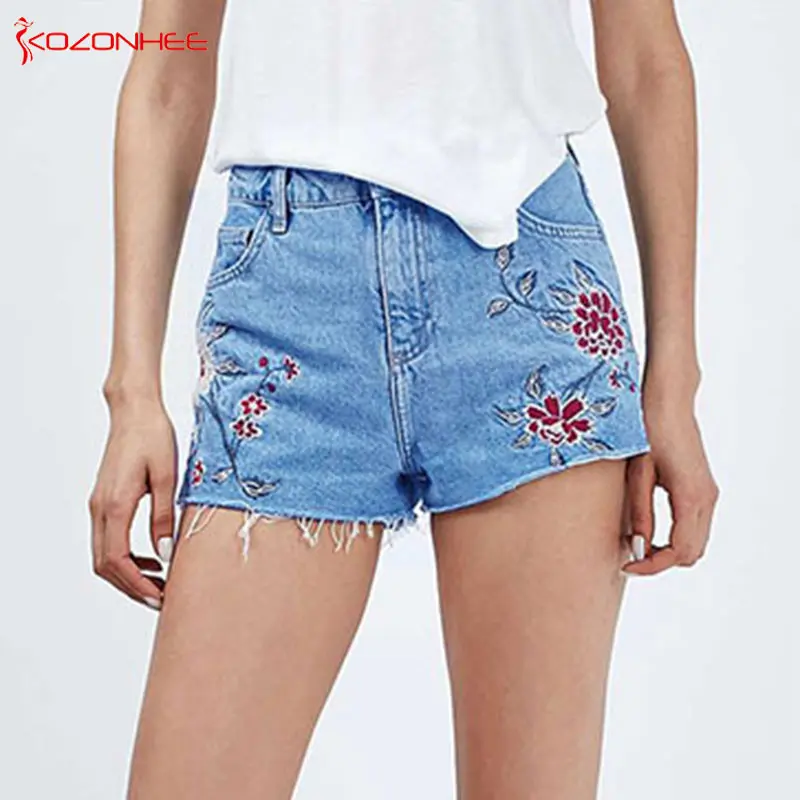 US Summer Women Casual Floral Embroidered Shorts Jeans Denim Short Tight Pants