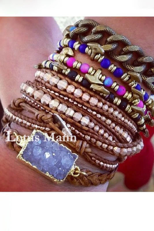 

Pure handmade silver beads particle 5 wraps leather cord bracelet two-color