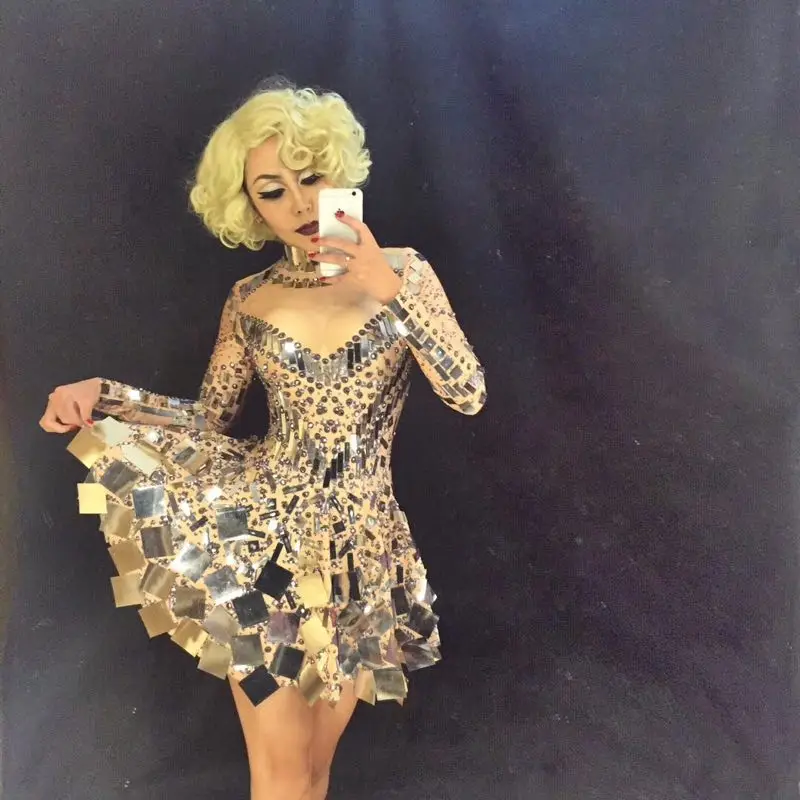 

Fashion Handmade Beyonce Costume Roupa Feminina Rhinestone Bodysuit Stage Dress for Singers Nightclub Dress Mirror Dresses 2018