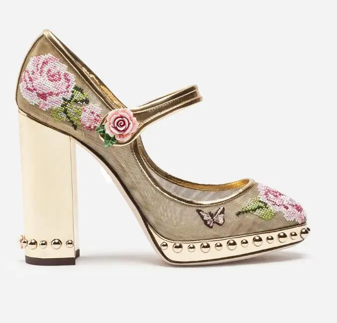 

Moraima Snc Mesh Grid Flower Embroidery Thick Heels Shoe Ankle Strap Round Toe Wedding Shoe Rivets Studded Platform Pumps