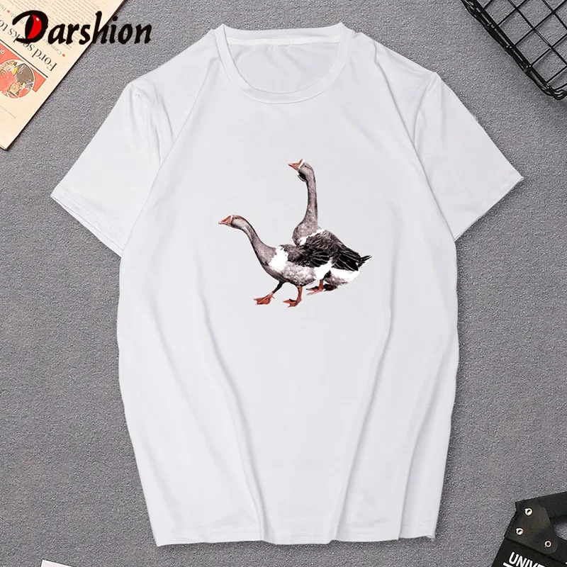 

Summer women Cute Two Goose Printed t shirt Short Sleeve t shirt feminina 2019 White t shirt Harajuku Women Aesthetic Street T S