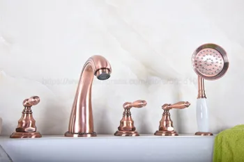 

Bathroom Bathtub Faucet Antique Red Copper 5 Hole Bathroom Faucet Set Hot Cold Mixer Tap with Handheld Shower ztf184